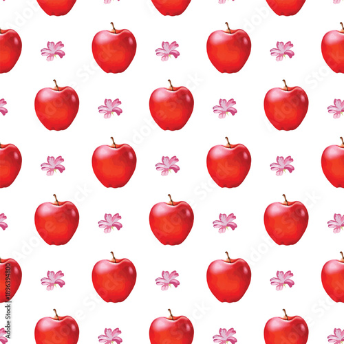 Bright red apples and pink flowers pattern on a clean white background.