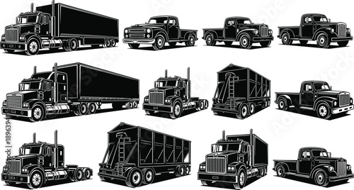 Collection of Heavy Truck Vector Illustration Set, Different Commercial Semi Trucks Trailers and Vintage Pickups for Logistics Transport Freight and Industrial Automotive Design,