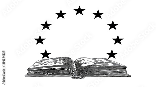 Engraving style open book with a semi-circle of stars, symbolizing knowledge, education, learning, wisdom, and academic achievement.