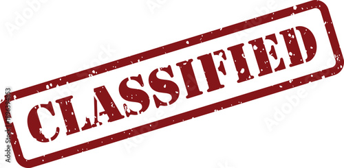 A bold red rubber stamp with grunge texture prominently displays the word CLASSIFIED on a pure white surface