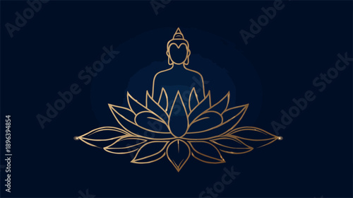 Elegant golden outline illustration of a meditative figure sitting on a lotus flower, evoking peace, spirituality, and mindfulness on a dark blue background.