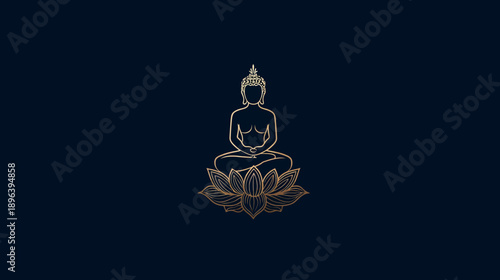 Golden spiritual figure meditating on lotus flower, elegant minimalist outline on dark background, symbolizing peace, wisdom, enlightenment.