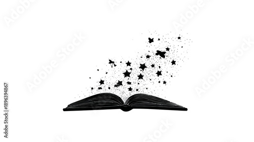 Enchanting open book silhouette with flying black stars on white. Symbolizing magic, fantasy, storytelling, knowledge, and imagination.