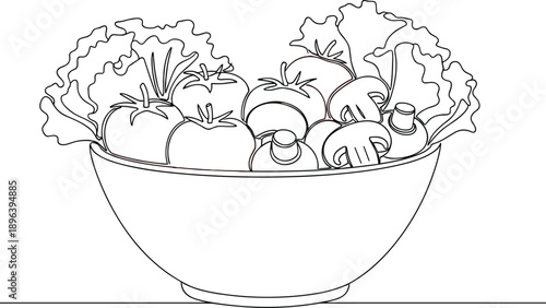 Fresh vegetable salad bowl line art illustration with tomatoes mushrooms lettuce healthy food outline vector