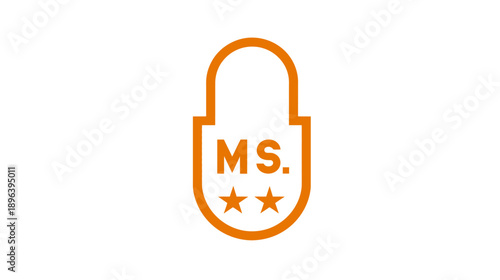 Orange minimalist pill capsule icon with 'MS.' letters and two stars, flat graphic design element on white background