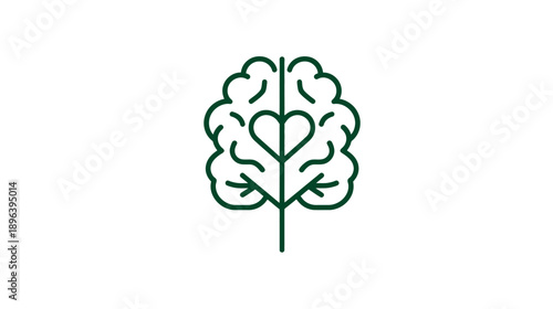 Green linear brain tree icon with heart, symbolizing mental health, organic growth, nature connection, intelligence, and wellness.