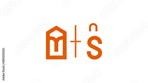 Creative modern abstract orange geometric symbol with stylized house shape, vertical divider, and unique S-like design element
