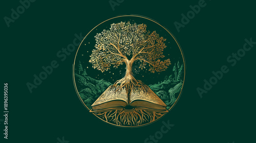 Mystical Tree of Knowledge Growing from an Open Book, Symbolizing Wisdom, Nature, and Growth - Vintage Illustration