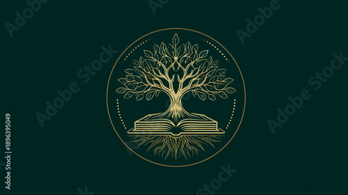 Elegant Tree of Knowledge logo with roots growing from an open book, symbolizing wisdom, education, nature, growth, and learning.