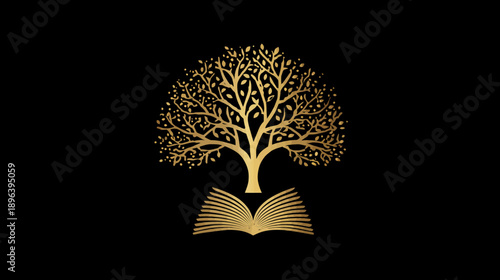 Golden tree growing from an open book on a black background, symbolizing knowledge, wisdom, nature, education, and growth
