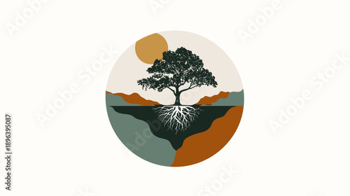 Abstract tree with visible roots and sun in a circle, representing nature, growth, and ecological balance. Environmental concept illustration.
