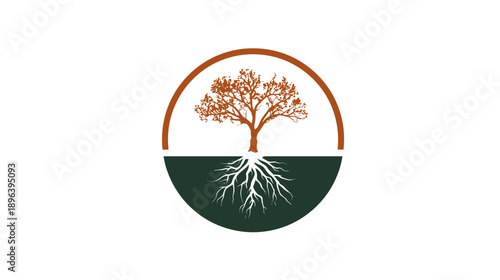 Abstract tree with visible roots in a circular design, symbolizing growth, nature, and environmental sustainability. Green and brown icon.