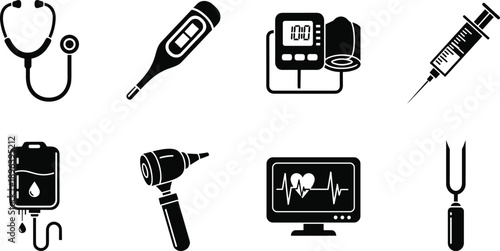 Collection of Medical Equipment Silhouette Vector Illustration Set, Different Healthcare Icons Including Stethoscope Thermometer Syringe and Blood Pressure Monitor for Hospital Graphic Design