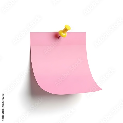 Pink post-it note with yellow pushpin isolated on white background