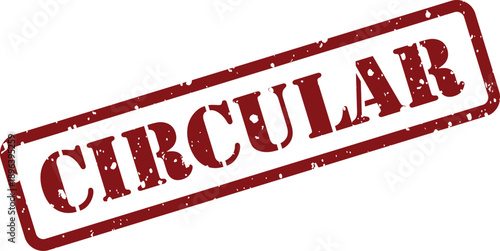 A diagonal red rubber stamp with a vintage grunge texture presenting the word CIRCULAR on a white background
