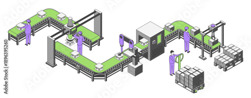 Cartoon Color Conveyor Processes Factory Concept 3d Isometric View Production Robotic Machines Scene on a White. Vector illustration