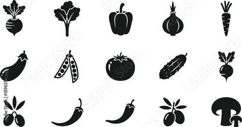 Vegetable food icon set with carrot tomato pepper onion and peas
