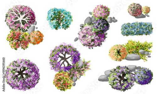  Vector watercolor blooming flower tree or forest side view isolated on white background for landscape and architecture drawing,elements for environment or and garden,green tree for garden section 