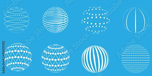  3D sphere. Dotted, striped, geometric spheres. Hexagon, triangle dot rounded shape,Textured ball vector set,Dotted halftone 3D sphere