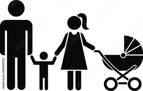 Detailed Black Silhouette Pictogram of a Family with Mother Father and Child Standing Next to a Baby Carriage for Parenting and Lifestyle Designs
