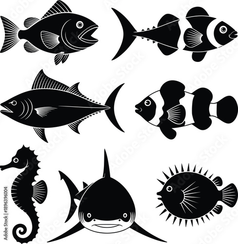 Marine fish silhouette set with tuna, clownfish, pufferfish, seahorse, and shark, detailed black vector ocean animals