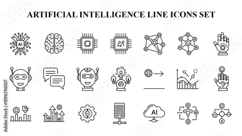 Minimalist white line art icons representing various abstract concepts like science, technology, and connectivity against black