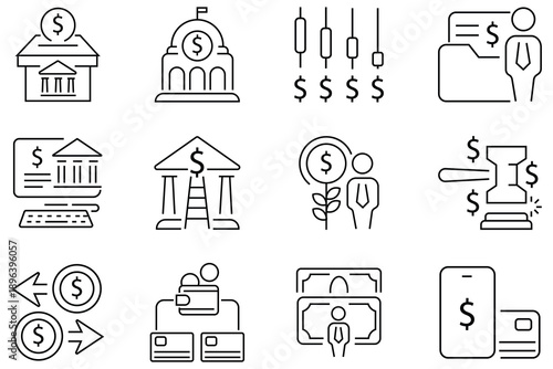 Collection of finance thin line icon set. Containing growth, profit, budget, loan, paycheck, wallet, deposit, profit and more. Finance editable stroke icons. Vector illustration.