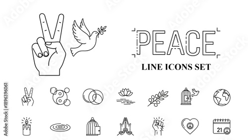 Delicate white line art icons representing abstract concepts like peace love hope and unity are subtly displayed on a dark canvas.