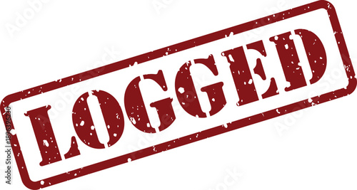 A distinctive red rubber stamp featuring the word LOGGED in a distressed style on a clean white backdrop