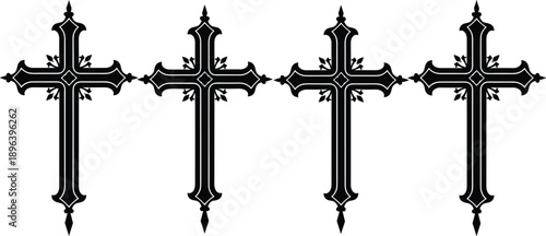 Detailed Black Silhouettes of Four Ornate Christian Crosses Featuring Elegant Gothic and Baroque Style Decorative Elements for Religious Memorial and Spiritual Graphic Designs