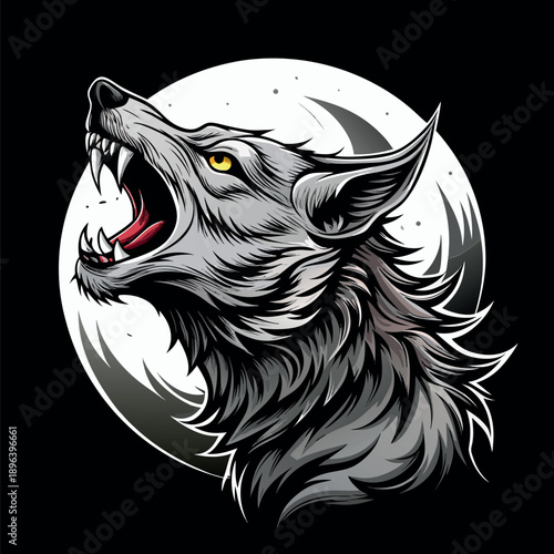 Howling Wolf Head with Full Moon Silhouette Vector Illustration
