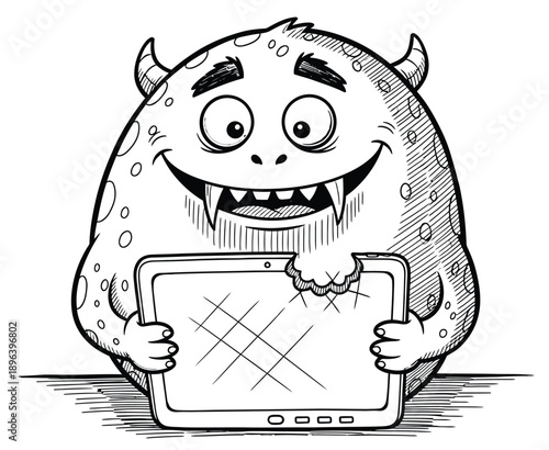 Smiling cartoon monster with horns, large eyes, and spots holds a tablet. The monster has taken a bite out of the tablet's top corner. The image is playful and humorous.