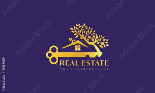 Luxury Real Estate Logo Design with Golden House Roof on Purple Background – Modern Minimal Property Branding Concept