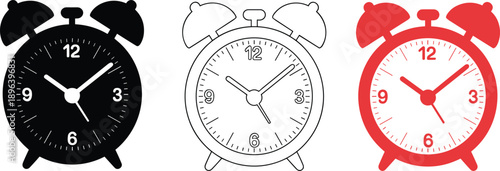 Detailed analog alarm clocks in black, outline, and red with visible hour and minute markers and numerals