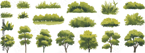 Collection of stylized green bushes and trees in different forms and sizes for landscape shrubs foliage