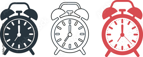 Three distinct alarm clock in navy blue, outline, and red showcasing timekeeping devices timepiece