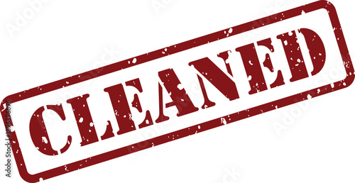 A rectangular red grunge texture rubber stamp mark featuring the word CLEANED on a crisp white backdrop