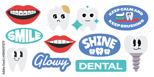 Set of oral dental teeth stickers. Toothbrushes, tooth character, smile, braced.