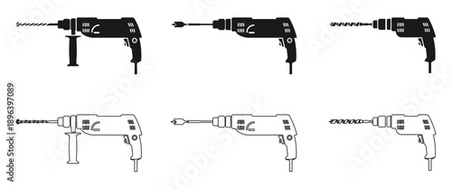 drill machine with drill bit icon set vector illustration isolated on white background.