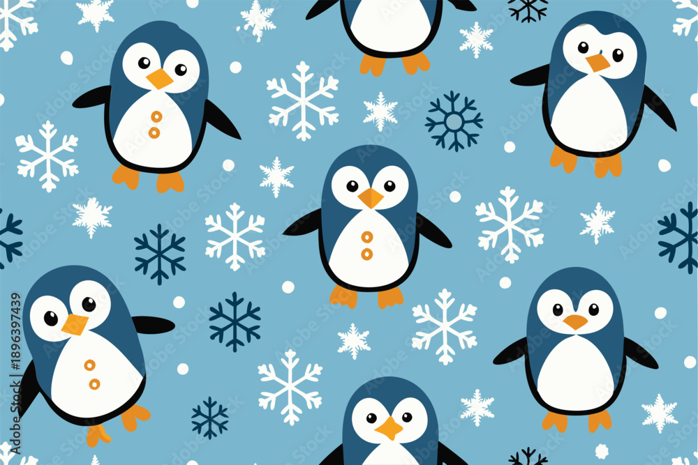 Fototapeta premium Cute penguins and snowflakes pattern