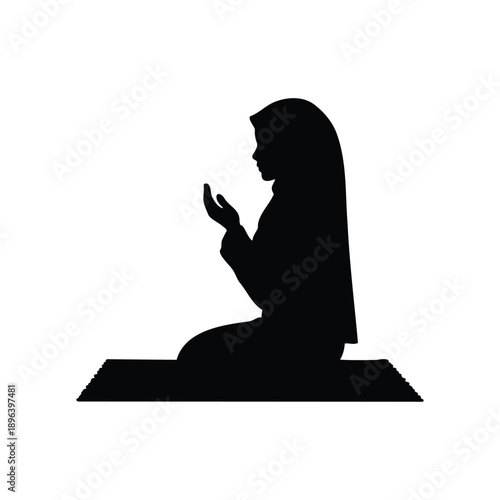Muslim woman praying silhouette icon vector flat design.