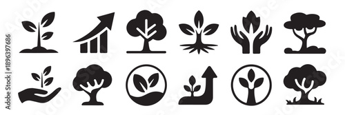 Set of 14 growth and nature icons showing seedlings emerging from soil, increasing bar graphs, trees, plants in hands, and expanding arrows