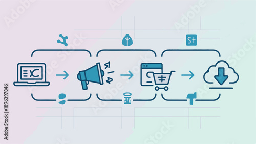 A clean vector illustration depicting the process of e-commerce from laptop to cloud storage in a modern digital environment