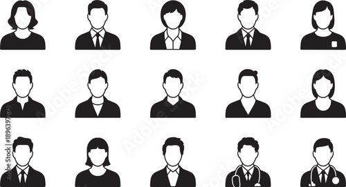 Adobe Collection of diverse professional and generic user profile icons in black silhouette styleIllustrator Artwork