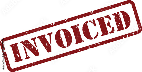 A vibrant red rubber stamp featuring the bold word INVOICED with a textured look on a bright white surface