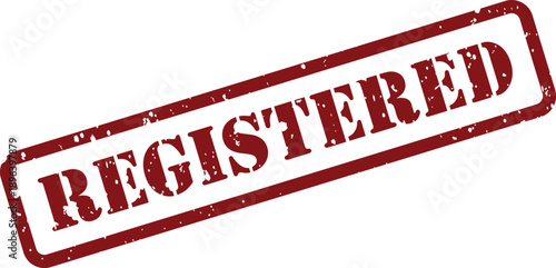 A vibrant red rectangular rubber stamp displays the bold uppercase word REGISTERED on a clean white surface
