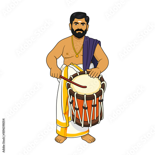 Kerala Chenda Drummer Playing Traditional South Indian Percussion Instrument for Ulsavam and Pooram, Vector Illustration