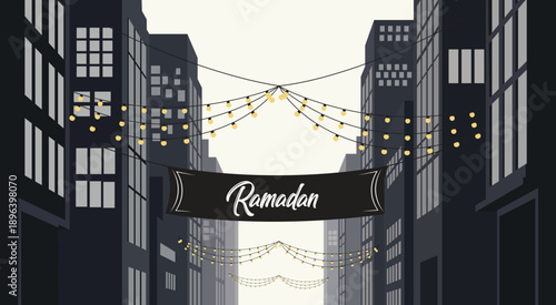 Urban Ramadan Festival Decoration with Hanging Lights and Banner Celebrating Holy Month Arrival