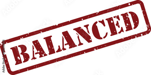 A vibrant red rubber stamp with a grunge texture displays the word BALANCED diagonally on a clean white background