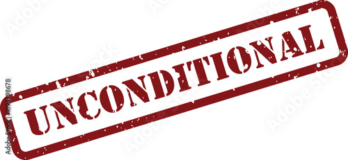 Bold distressed red rubber stamp displaying the word UNCONDITIONAL in a rectangular frame on white